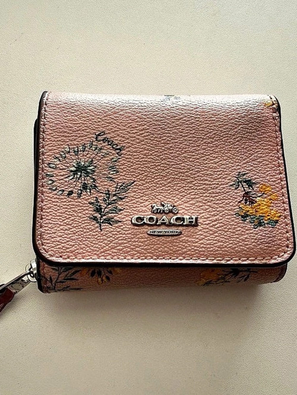 Coach Small Trifold Wallet With Dandelion Floral Print in Pink